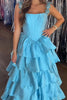 Load image into Gallery viewer, Sparkly Blue Satin A Line Ruffled Long Corset Prom Dress with Rhinestones