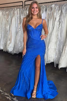 Load image into Gallery viewer, Sparkly Royal Blue Beaded Sheath Corset Long Prom Dress with Slit