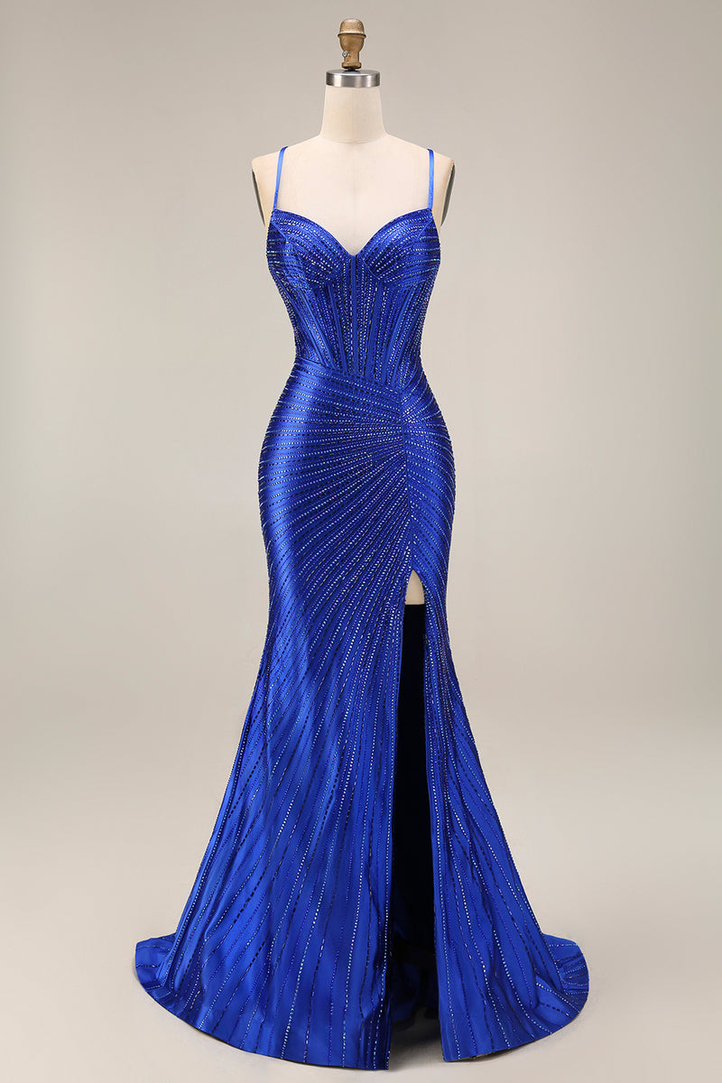 Load image into Gallery viewer, Sparkly Mermaid Royal Blue Beaded Corset Long Prom Dress with Slit