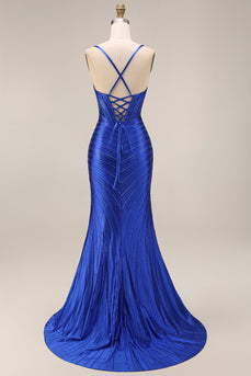 Sparkly Mermaid Royal Blue Beaded Corset Long Prom Dress with Slit