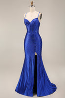 Load image into Gallery viewer, Sparkly Royal Blue Beaded Mermaid Corset Long Prom Dress with Slit