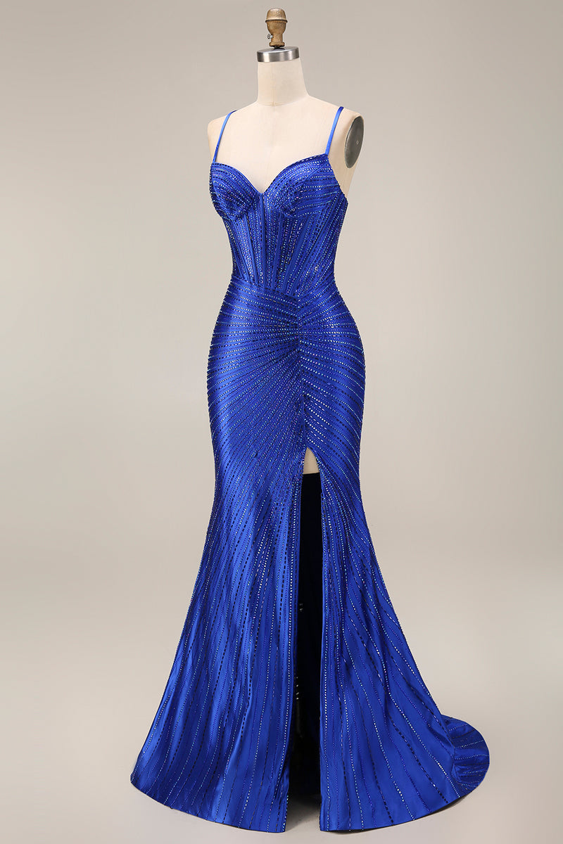Load image into Gallery viewer, Sparkly Mermaid Royal Blue Beaded Corset Long Prom Dress with Slit