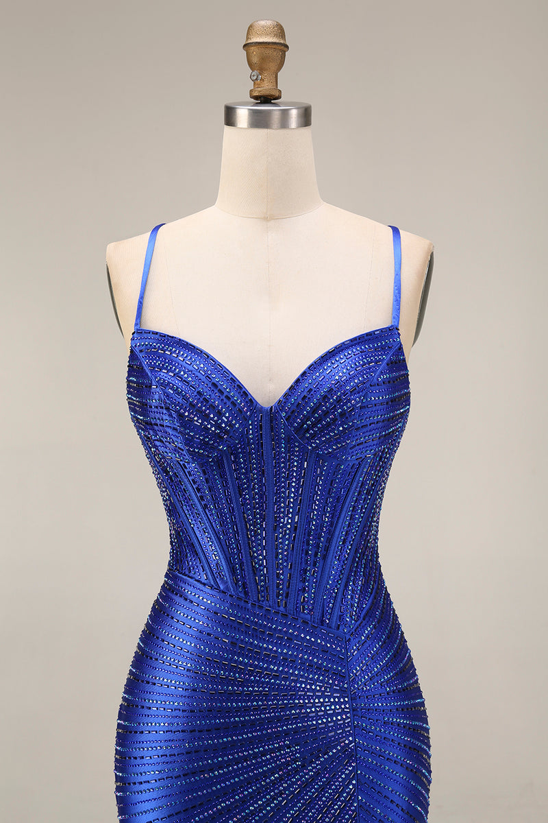 Load image into Gallery viewer, Sparkly Royal Blue Beaded Mermaid Corset Long Prom Dress with Slit