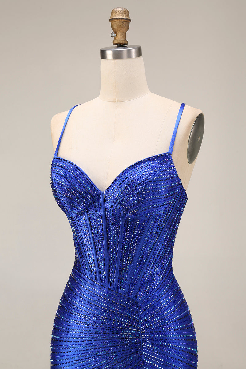 Load image into Gallery viewer, Sparkly Royal Blue Beaded Mermaid Corset Long Prom Dress with Slit
