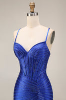 Load image into Gallery viewer, Sparkly Mermaid Royal Blue Beaded Corset Long Prom Dress with Slit