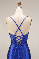 Load image into Gallery viewer, Sparkly Royal Blue Beaded Mermaid Corset Long Prom Dress with Slit