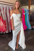 Load image into Gallery viewer, Sparkly White One Shoulder Sheath Beaded Long Prom Dress with Ruffles