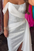 Load image into Gallery viewer, Sparkly White One Shoulder Sheath Beaded Long Prom Dress with Ruffles