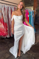 Load image into Gallery viewer, Sparkly White One Shoulder Sheath Beaded Long Prom Dress with Ruffles