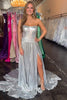 Load image into Gallery viewer, Sparkly Silver Metallic A Line Corset Long Prom Dress with Slit