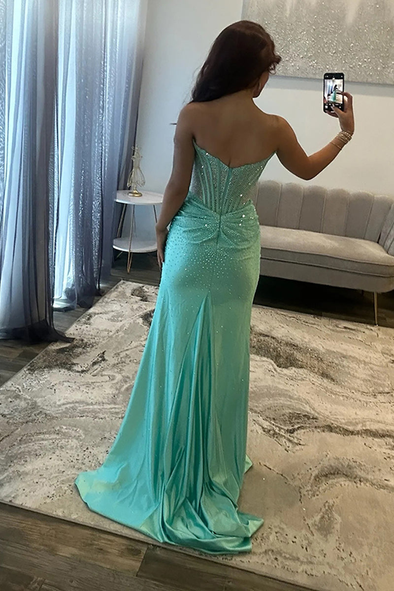 Load image into Gallery viewer, Sparkly Green Sheath Strapless Long Corset Prom Dress with Slit