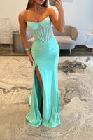 Load image into Gallery viewer, Sparkly Green Sheath Strapless Long Corset Prom Dress with Slit