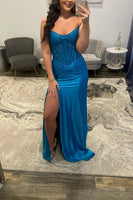 Load image into Gallery viewer, Sparkly Green Sheath Strapless Long Corset Prom Dress with Slit