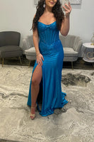 Load image into Gallery viewer, Sparkly Green Sheath Strapless Long Corset Prom Dress with Slit