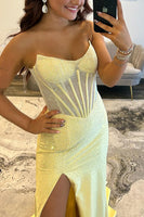 Load image into Gallery viewer, Sparkly Green Sheath Strapless Long Corset Prom Dress with Slit