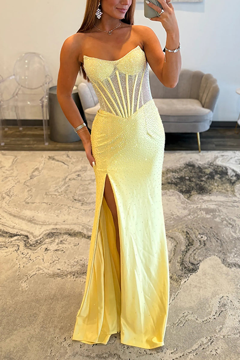 Load image into Gallery viewer, Sparkly Green Sheath Strapless Long Corset Prom Dress with Slit