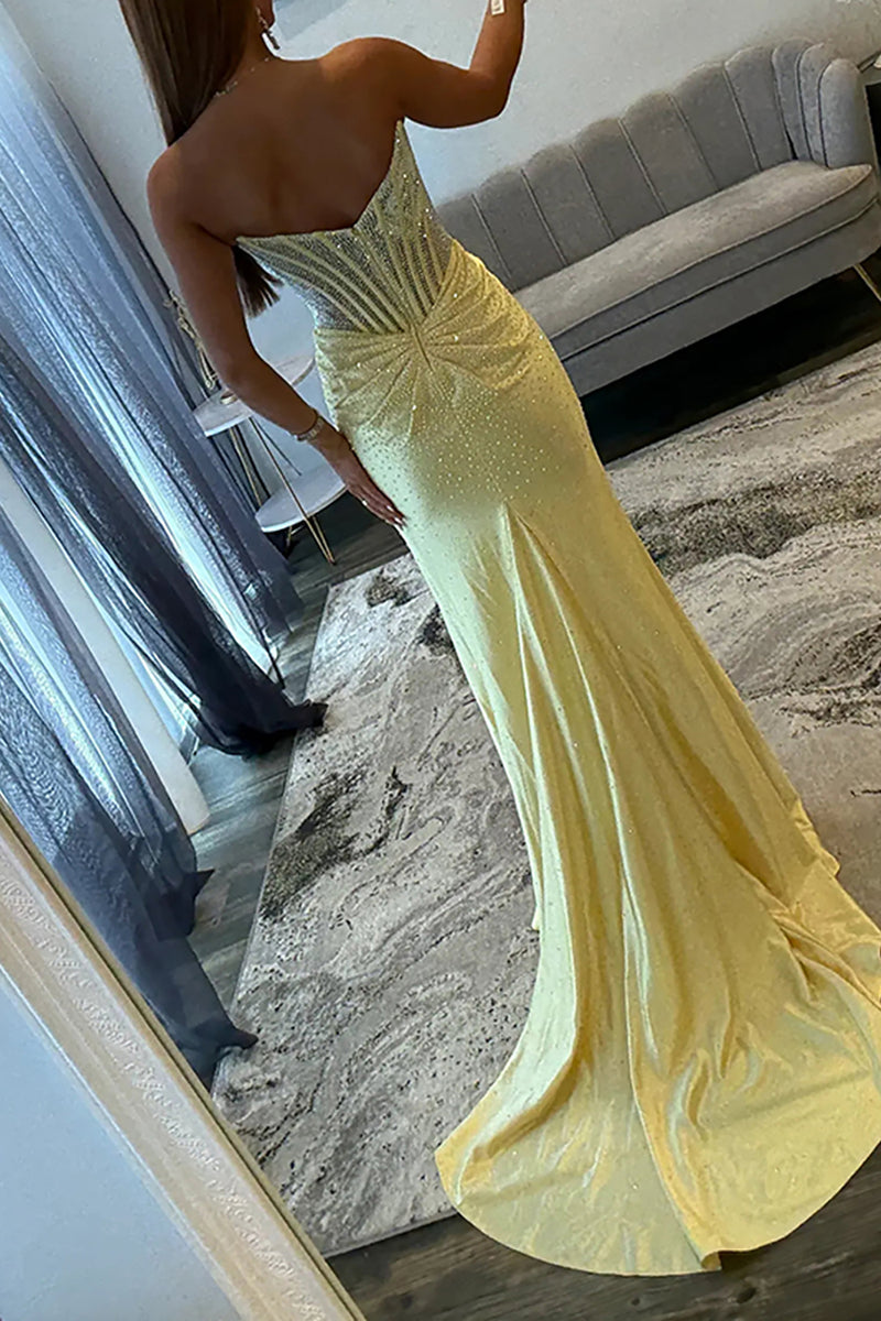 Load image into Gallery viewer, Sparkly Green Sheath Strapless Long Corset Prom Dress with Slit