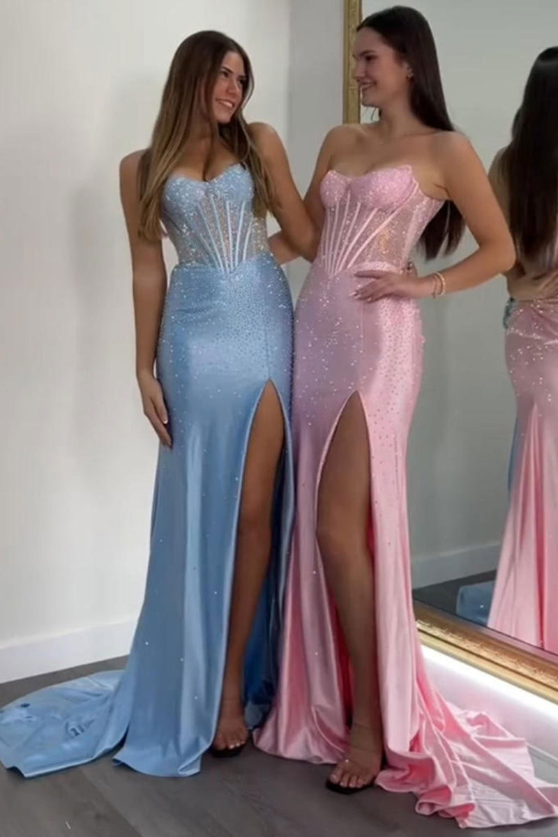 Load image into Gallery viewer, Sparkly Green Sheath Strapless Long Corset Prom Dress with Slit