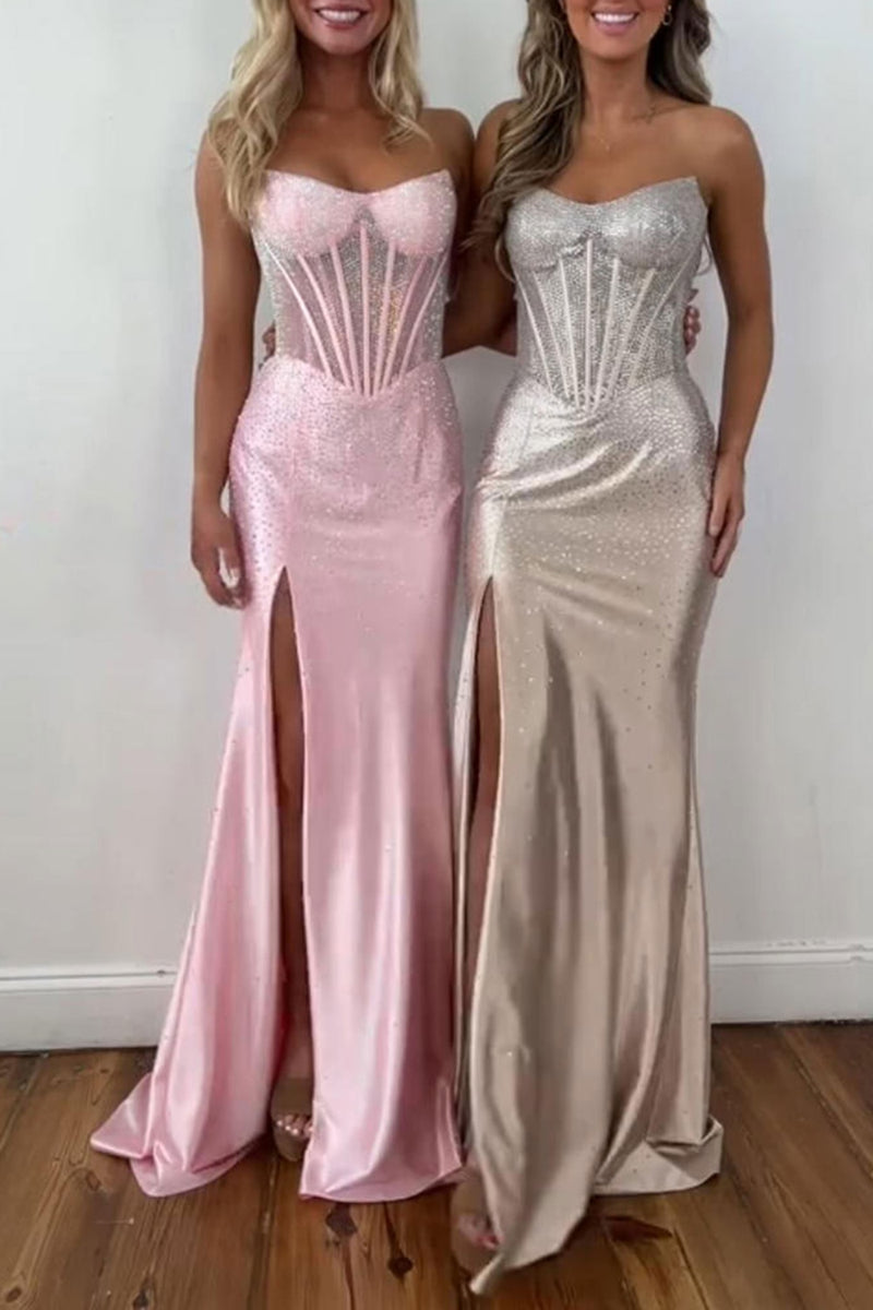 Load image into Gallery viewer, Sparkly Green Sheath Strapless Long Corset Prom Dress with Slit