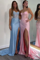 Load image into Gallery viewer, Sparkly Green Sheath Strapless Long Corset Prom Dress with Slit