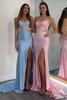 Load image into Gallery viewer, Sparkly Green Sheath Strapless Long Corset Prom Dress with Slit