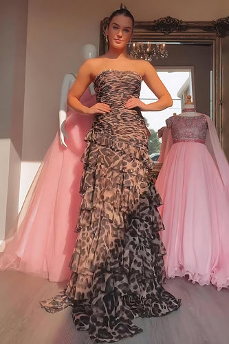 Sparkly Brown Leopard Strapless Tiered Beaded Long Prom Dress with Ruffles