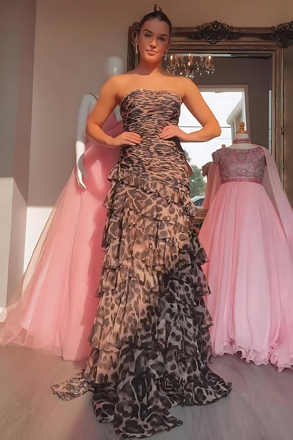 Sparkly Brown Leopard Strapless Tiered Beaded Long Prom Dress with Ruffles