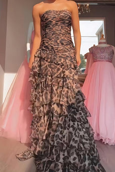 Sparkly Brown Leopard Strapless Tiered Beaded Long Prom Dress with Ruffles