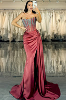 Load image into Gallery viewer, Sparkly Burgundy Satin Beaded Strapless Mermaid Long Prom Dress with Slit