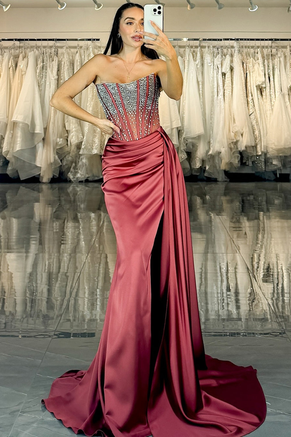 Sparkly Burgundy Satin Beaded Strapless Mermaid Long Prom Dress with Slit