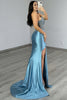 Load image into Gallery viewer, Sparkly Blue Satin Beaded Mermaid Corset Long Prom Dress with Rhinestones