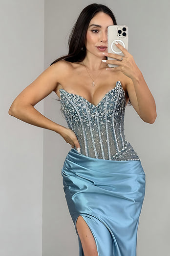 Sparkly Blue Satin Beaded Mermaid Corset Long Prom Dress with Rhinestones