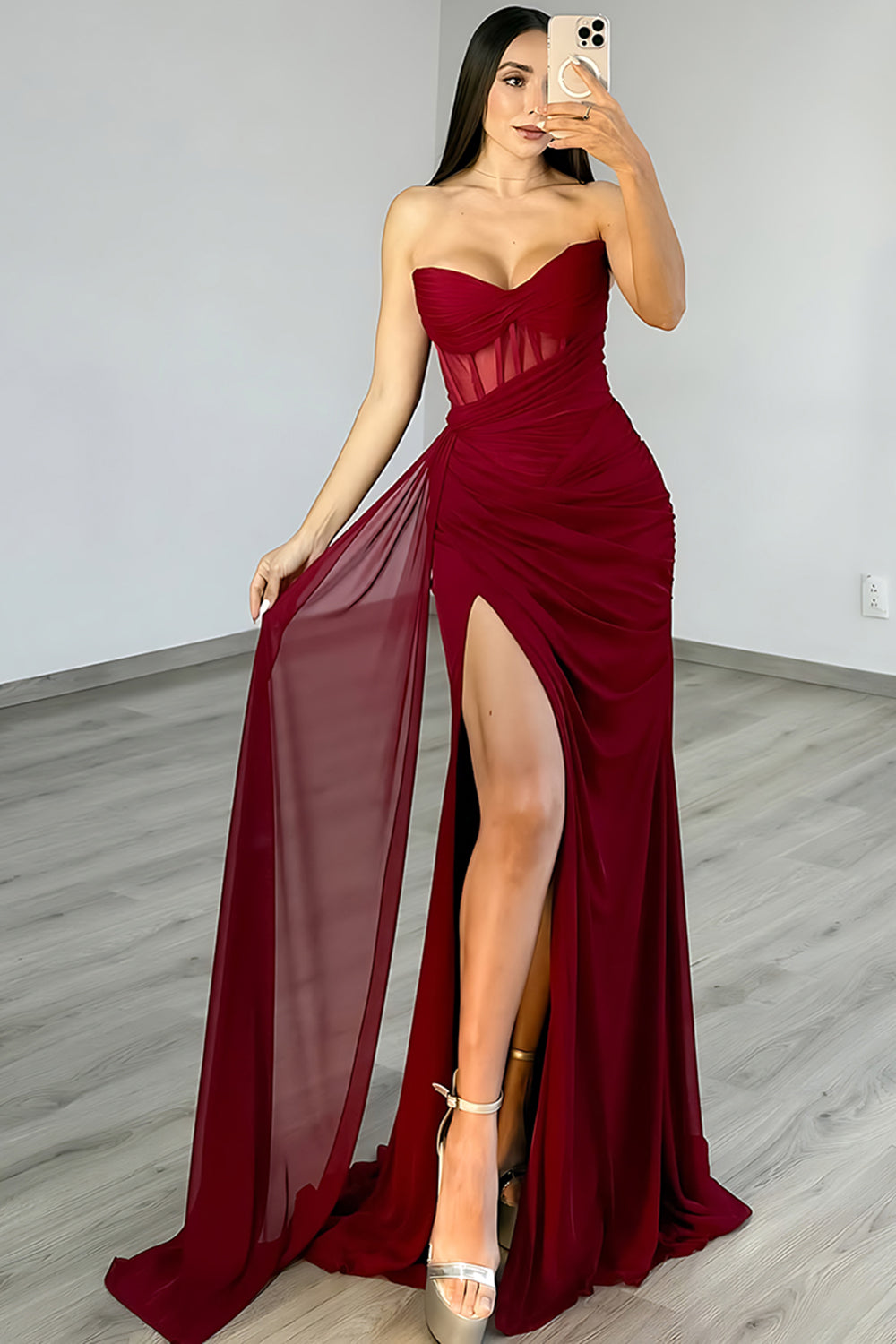 Burgundy Sweetheart Mermaid Long Corset Prom Dress with Side Cape