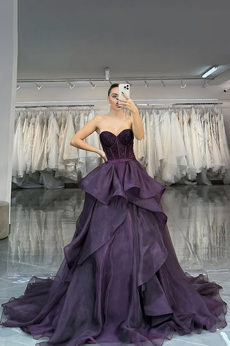 Sparkly Princess Dark Purple Beaded A Line Long Corset Prom Dress with Ruffles