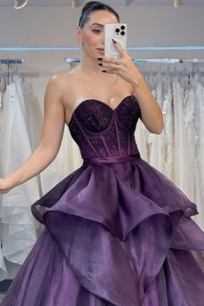 Sparkly Princess Dark Purple Beaded A Line Long Corset Prom Dress with Ruffles