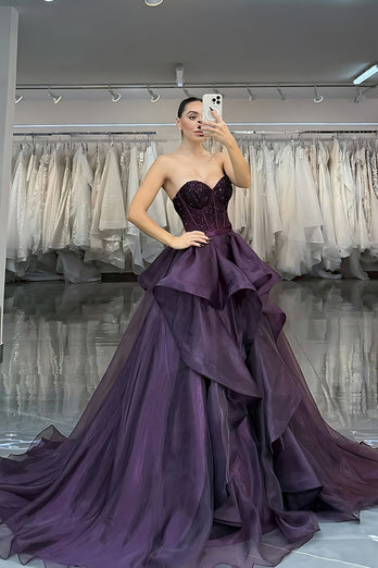 Sparkly Princess Dark Purple Beaded A Line Long Corset Prom Dress with Ruffles