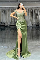 Load image into Gallery viewer, Green Satin Off the Shoulder Corset Long Prom Dress with Lace