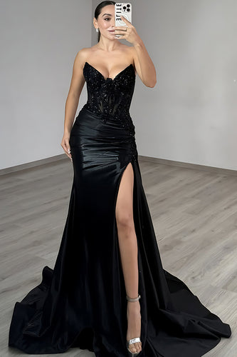 Sparkly Black Mermaid Satin Beaded Long Corset Prom Dress with Lace