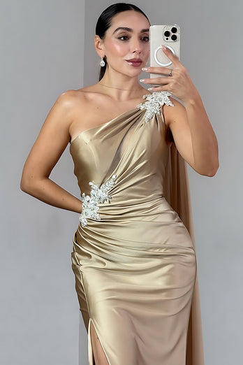 Sparkly Gold Mermaid One Shoulder Long Prom Dress with Slit