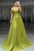 Load image into Gallery viewer, Green A-Line Off The Shoulder Long Corset Prom Dress with Lace