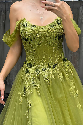 Green A-Line Off The Shoulder Long Corset Prom Dress with Lace
