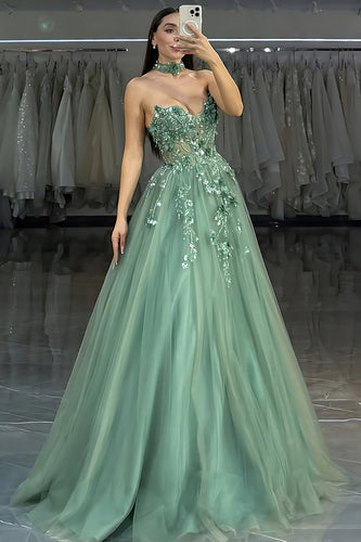 Sparkly Green Sweetheart Floral A-Line Beaded Long Corset Prom Dress