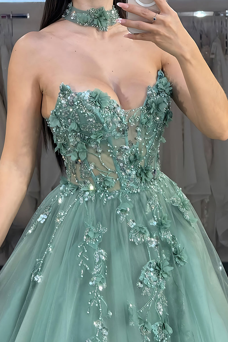 Queendancer Women Sparkly Floral Green Long Corset Prom Dress with Lace ...