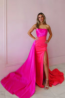 Load image into Gallery viewer, Fuchsia Satin Sheath Strapless Long Prom Dress with Cape