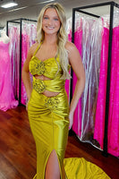 Load image into Gallery viewer, Yellow Halter Floral Mermaid Long Prom Dress with Slit