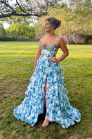 Load image into Gallery viewer, Sparkly Fuchsia Sweetheart Floral Tiered Long Corset Prom Dress with Slit