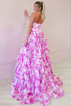 Sparkly Fuchsia Sweetheart Floral Tiered Long Corset Prom Dress with Slit