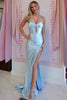 Load image into Gallery viewer, Sparkly Light Blue Satin Beaded Mermaid Long Corset Prom Dress with Slit