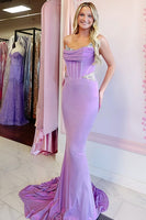 Load image into Gallery viewer, Sparkly Purple Corset Strapless Satin Mermaid Long Prom Dress