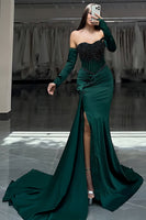 Load image into Gallery viewer, Sparkly Dark Green Beaded One Shoulder Mermaid Long Prom Dress with Slit